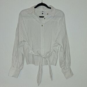 Cabi tie waist striped button up long sleeve shirt white beige size medium